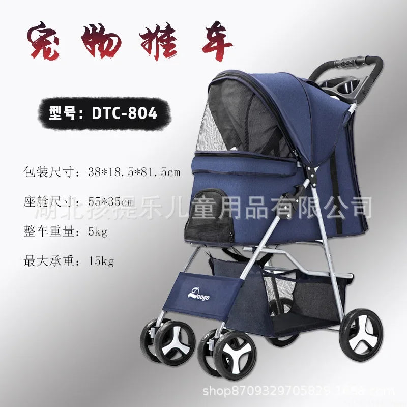 DTC-804 Portable Foldable Pet Cart Cat Dog Four Wheeled Cart Pet Outing Cart Single Handed Delivery with Sunroof