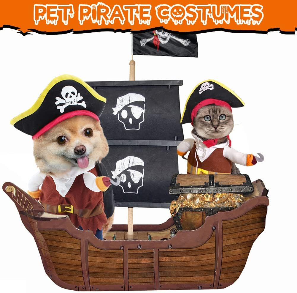 Funny Cat Pirate Costumes - Caribbean Style Pet Dressing up Cosplay Party Costume with Hat Small to Medium Dogs Cats Kitty Cute Fashion Prop Apparel for Halloween Christmas Party Accessories (S)