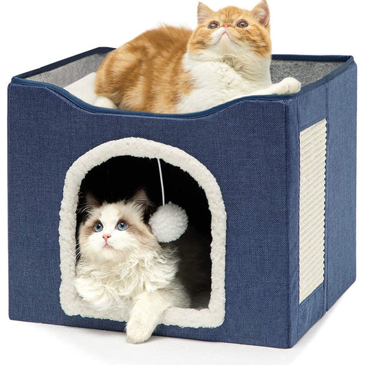 Cat Beds for Indoor Cats,  Large Cat Cave for Pet Cat House with 2 Cushion, Cute Modern Cat Igloo with Ball Hanging and Scratch Pad for Multi Small Pet Large Kitten Kitty, Grey